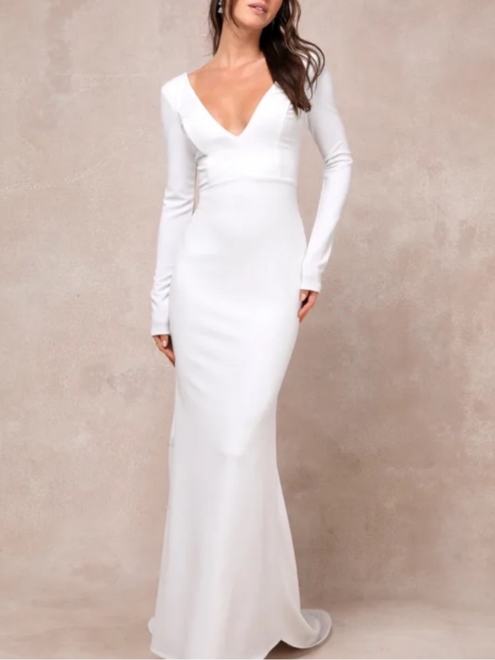 New Lulus Extravagant Long Sleeve White V-Neck Maxi Dress W/ open back Sz Small